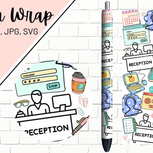May include: A pen wrap design featuring a colorful pattern of office supplies, including a computer, coffee cup, paper clips, and a calendar. The text "RECEPTION" appears multiple times on the design.