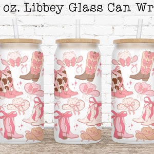 May include: Three 16 oz. Libbey glass can wraps with a pink and brown cowgirl themed design. The design features pink cowboy boots, hats, and bows on a white background.