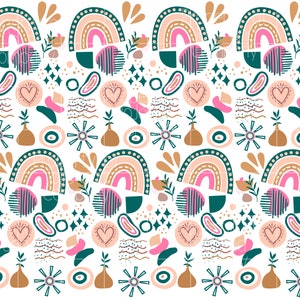 May include: A seamless pattern featuring a variety of abstract shapes and designs in shades of pink, brown, teal, and white. The pattern includes rainbows, hearts, stars, and other geometric shapes.