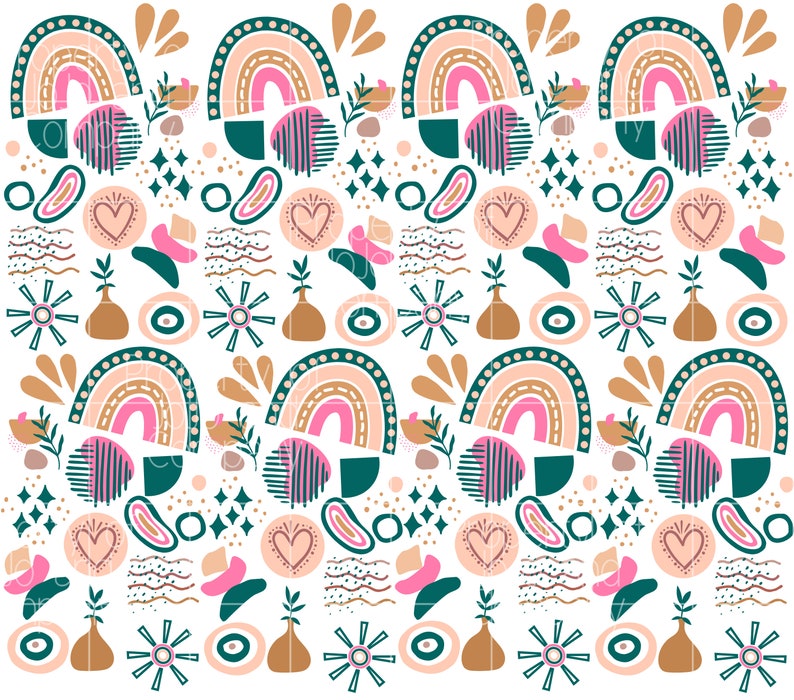 May include: A seamless pattern featuring a variety of abstract shapes and designs in shades of pink, brown, teal, and white. The pattern includes rainbows, hearts, stars, and other geometric shapes.