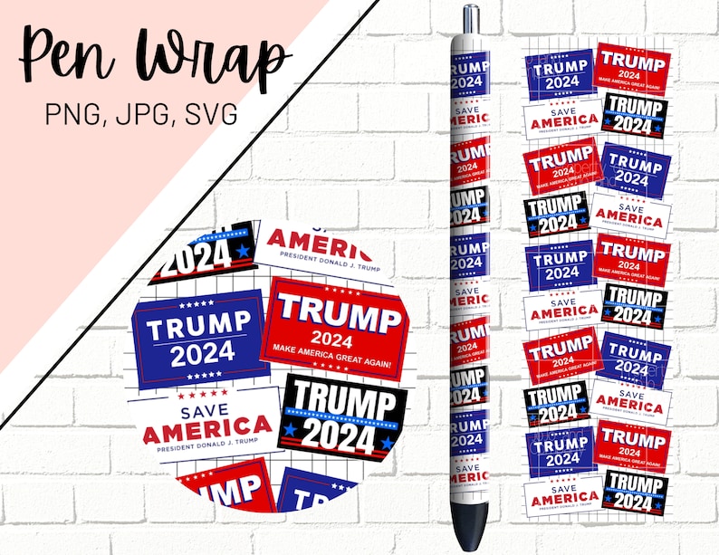 Pu&ograve; includere: Un involucro per penna rosso, bianco e blu con vari adesivi che mostrano il testo "Trump 2024" e "Save America".