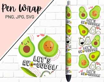 May include: A white pen wrap with a repeating pattern of green avocados with cute faces. The avocados are surrounded by red hearts and the text "Let's Avo-Cuddle".