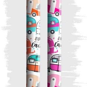 May include: Two black and silver pens with a white background and a repeating pattern of colorful vintage camper vans and the text "I'd rather be camping".