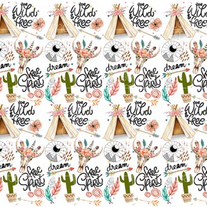 May include: A seamless pattern featuring a variety of bohemian-inspired elements, including a teepee tent, a skull with floral accents, a cactus, and the phrases "be wild & free" and "free spirit". The pattern is set against a white background.