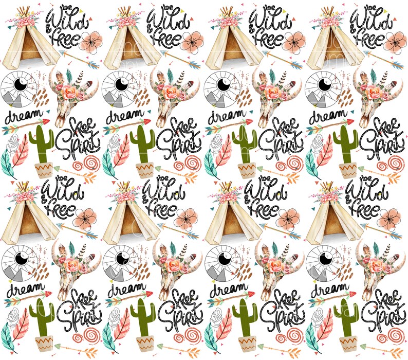 May include: A seamless pattern featuring a variety of bohemian-inspired elements, including a teepee tent, a skull with floral accents, a cactus, and the phrases "be wild & free" and "free spirit". The pattern is set against a white background.