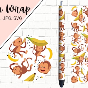 Op de afbeelding: Een penwikkelontwerp met een herhalend patroon van bruine apen die gele bananen vasthouden op een witte achtergrond met zwarte stippen.