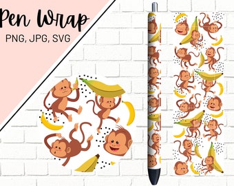 Monkey Pen Wrap, Banana Pen Wrap, Kids Pen Wrap, Pen Wrap for Children, Epoxy Pen Wrap, Pen Wrap SVG, Pen Wrap PNG, Pen Wrap Template