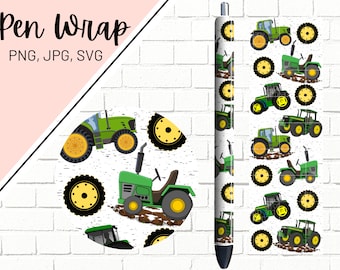 May include: A digital pen wrap design featuring a repeating pattern of green and yellow tractors on a white background. The design is perfect for customizing pens and adding a touch of personality.