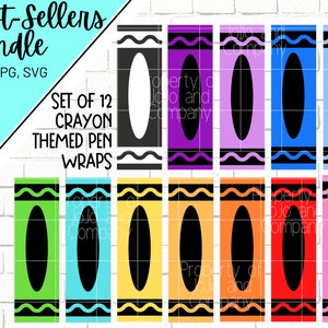 May include: Set of 12 crayon themed pen wraps. The wraps are in various colors, including green, blue, yellow, orange, red, and purple. Each wrap has a black outline and a wavy design.