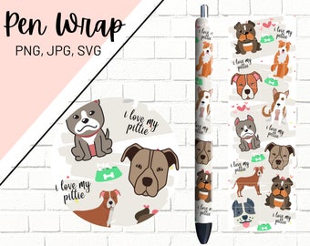 May include: A pen wrap design featuring a white background with brown and white pit bull dogs, hearts, and the text "I love my pittie".