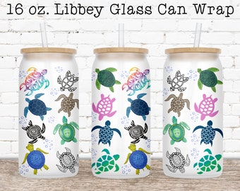 Sea Turtle Glass Can Wrap, Turtle Can Glass Wrap PNG, 16 oz Glass Can Wrap, Glass Can Sublimation Wrap, Coffee Beer Can Glass, Libbey Glass