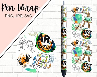 May include: A pen wrap design featuring a colorful, whimsical pattern of children drawing, paintbrushes, and the words "Art Therapy".