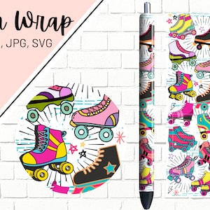 Puede incluir: Un diseño de envoltura de bolígrafo con patines de colores sobre un fondo blanco y contornos negros. El diseño incluye estrellas, rayos y un patrón a rayas.