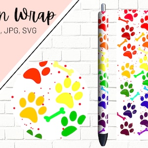 May include: A pen wrap design featuring a repeating pattern of colorful paw prints and bones on a white background. The design is perfect for personalizing pens and adding a touch of fun to everyday writing.