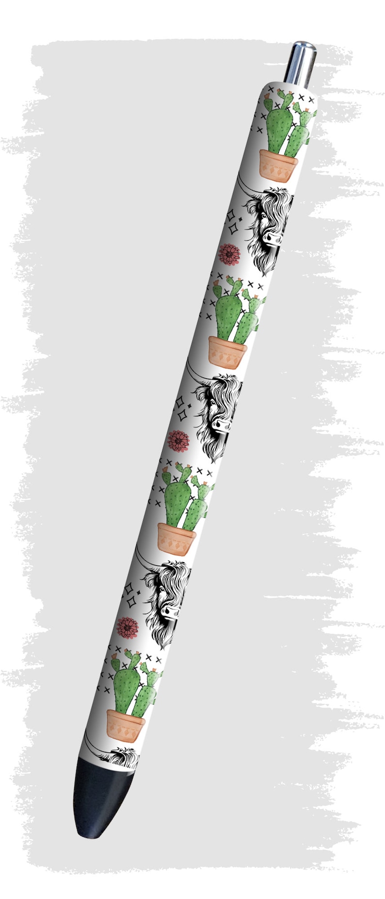 May include: A white pen with a black cap and a repeating pattern of potted cacti and a Highland cow's head.