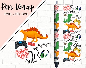 May include: A white pen wrap with a repeating pattern of green and orange dinosaurs, game controllers, and the words "Game Over" and "Start".