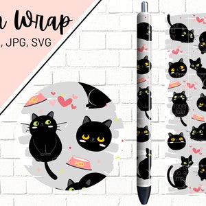 May include: A pen wrap design featuring black cats with pink hearts and yellow fish bowls on a gray background. The design is also shown on a black pen.