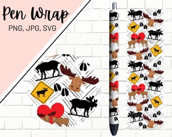 May include: A pen wrap design featuring a white background with a repeating pattern of moose, hearts, and footprints. The moose are brown and black, and the hearts are red. The footprints are gray. The text "Pen Wrap" is written in black at the top of the image.