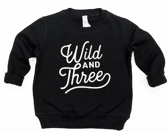 May include: Black sweatshirt with white text that reads "Wild and Three".