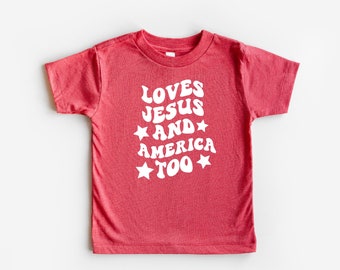 Loves Jesus and America too Toddler/Kids/Baby Shirt, July 4th Outfit, July 4th Shirt, Girls July 4th Shirt, Girls Clothes, Retro Style, 70s