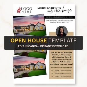 May include: An open house template with a sunset photo of a house. The flyer includes the text "OPEN HOUSE TEMPLATE" and details about the event, including the date, time, and location. The flyer also mentions free tours of new homes.