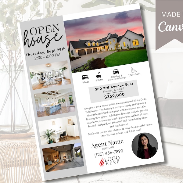 Open House Flyer | Real Estate Open House Flyer Template | Real Estate Marketing | Editable Canva Template | Instant Download