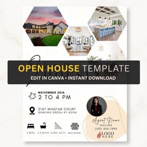 Può includere: Un modello di open house immobiliare dal design moderno. Il design include inserti fotografici esagonali che mostrano viste esterne e interne di una casa. Il testo recita "OPEN HOUSE TEMPLATE" e "EDIT IN CANVA • INSTANT DOWNLOAD". Ulteriori dettagli includono data, ora, indirizzo e informazioni sull'agente.