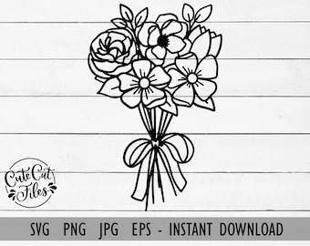 Blombukett med band SVG PNG | Blommig svg | Bukett PNG | Bondens marknadsblommor svg | Blomningsklippsfil | Brudbukett svg