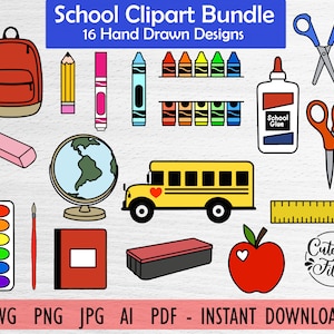 School Clipart Bundle SVG PNG DXF | School Bus svg | School Supplies svg | School Bundle svg | Teacher svg | Crayon svg