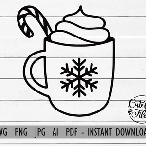 May include: Black and white line art illustration of a mug of hot chocolate with whipped cream and a candy cane. The mug has a snowflake design.