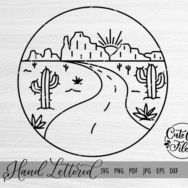 Round Desert Scene SVG PNG DXF | Adventure Awaits svg | Desert Adventure Cut File | Desert Road svg | Desert Sunset svg