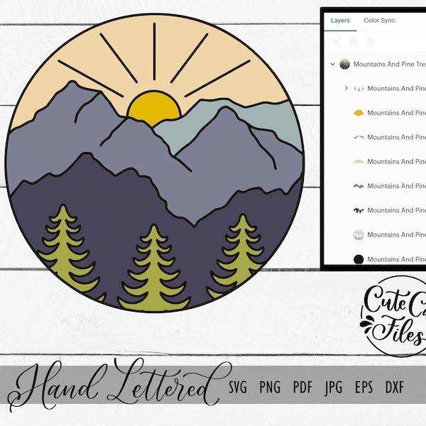 Mountain Scene SVG PNG | Mountain Sunset svg | Mountains and Pine Trees svg | Camping Decal svg | Adventure Awaits svg | Hiking svg
