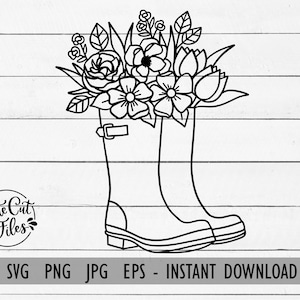 May include: A black and white line drawing of a pair of rain boots with a bouquet of flowers in the top of the boots.