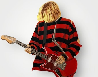 Kurt Cobain-Inspired Wall Clock • Handmade Hand-Painted Wooden 90s Grunge Music Decor • Unique One-of-a-Kind Fan Art Gift