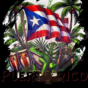 Könnte beinhalten: Digitalillustration mit der Flagge von Puerto Rico, die im Wind weht, mit einem weißen Stern auf einem blauen Dreieck und roten und weißen Streifen. Ein grüner Frosch sitzt darunter, umgeben von Palmen, Trommeln und dem Wort "PUERTO RICO".