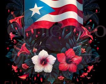 Puerto Rico Flag & Coqui Frog Print | Tropical Hibiscus Design (Digital Download)