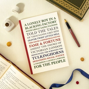 May include: A literary-themed image featuring a book cover with text about classic novels, a pen, and other vintage items. The cover has a red spine and lists titles like "Great Expectations" and "Oliver Twist". Gold coins and an open book are also visible.