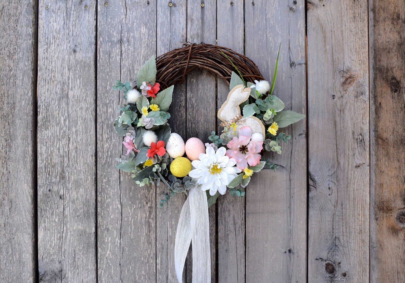 Partially Covered Easter Bunny Floral Greenery Grapevine Wreaths with Eggs