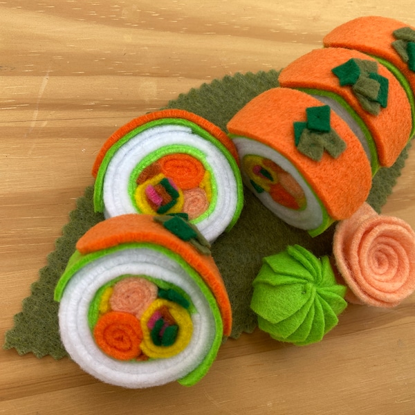 Salmon Avocado Sushi Roll Set, Felt Roll, Comes with Ginger Wasabi, Felt Leaf, Handmade