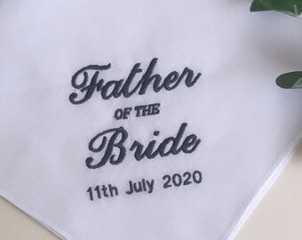 EMBROIDERED Wedding Father of the Bride Handkerchief Soft White 100% Cotton Custom Wedding Handkerchiefs Special Day Handkerchiefs Gifts