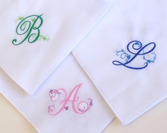 EMBROIDERED Personalised Handkerchief Large Initial with Pretty Flowers /Stitching  Soft White 100% Cotton Gift Hankie  Custom Hankie Gifts