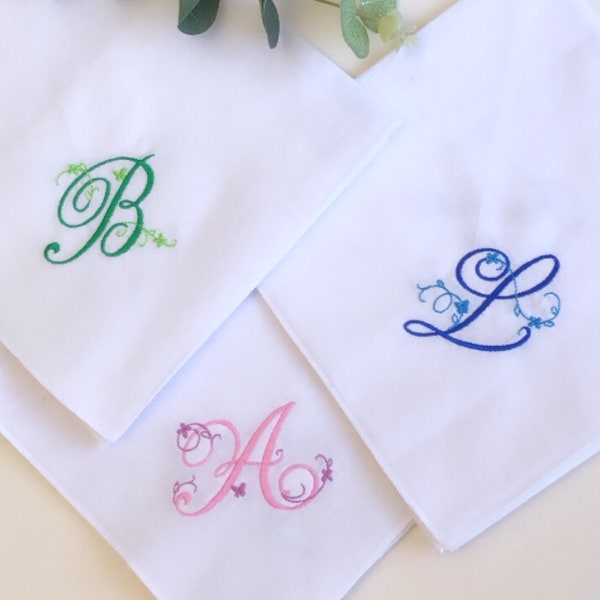 EMBROIDERED Personalised Handkerchief Large Initial with Pretty Flowers /Stitching  Soft White 100% Cotton Gift Hankie  Custom Hankie Gifts