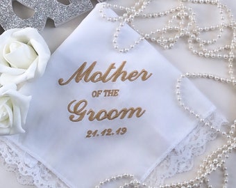 EMBROIDERED Wedding Mother of the Groom Handkerchief Soft 100% Cotton with Delicate Lace Trim Wedding Gift Grooms Mother  Wedding Hankies