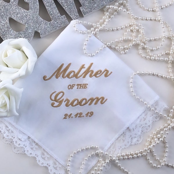 EMBROIDERED Wedding Mother of the Groom Handkerchief Soft 100% Cotton with Delicate Lace Trim Wedding Gift Grooms Mother  Wedding Hankies