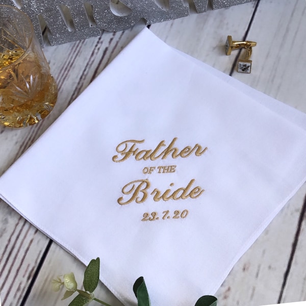 EMBROIDERED Wedding Father of the Bride Handkerchief  Soft White 100% Cotton Lovely Father of the bride Gift Custom Wedding Handkerchiefs