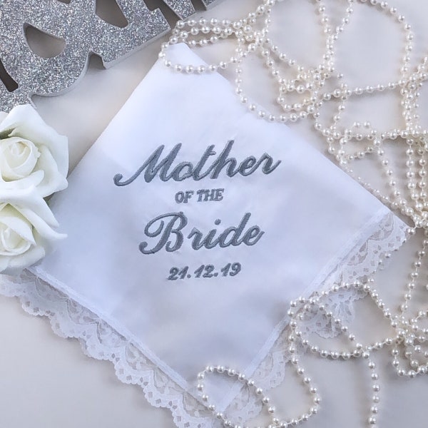 EMBROIDERED Wedding Mother of the Bride Handkerchief Soft 100%Cotton with Delicate Lace Trim- Wedding Gift  -Brides Mother- Wedding Hankies