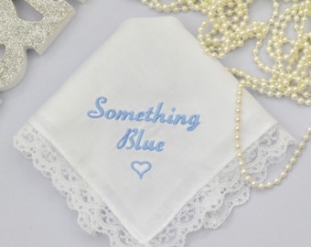 Embroidered Wedding Handkerchief Something blue for the Bride Soft 100% Cotton with delicate Lace Trim Lucky Blue Handkerchief- Lace hankie