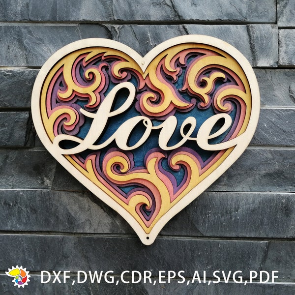 Digital files-Love Heart-Cricut SVG-CNC Laser cut Multilayer 3D Mandala-Instant download DXF vector model pattern-Home decor Wall art