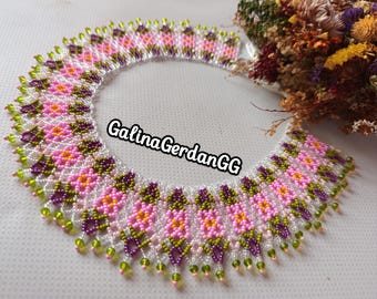 Floral Beaded Necklace Ukrainian Style – Pink Beadwork Collar – Handmade Ethnic Statement Jewelry by GalinaGerdanGG