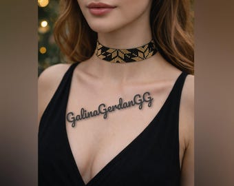 May include: A black choker necklace with a geometric pattern in gold and black. The necklace is worn around the neck. The image also includes the text "GalinaGerdangGG".